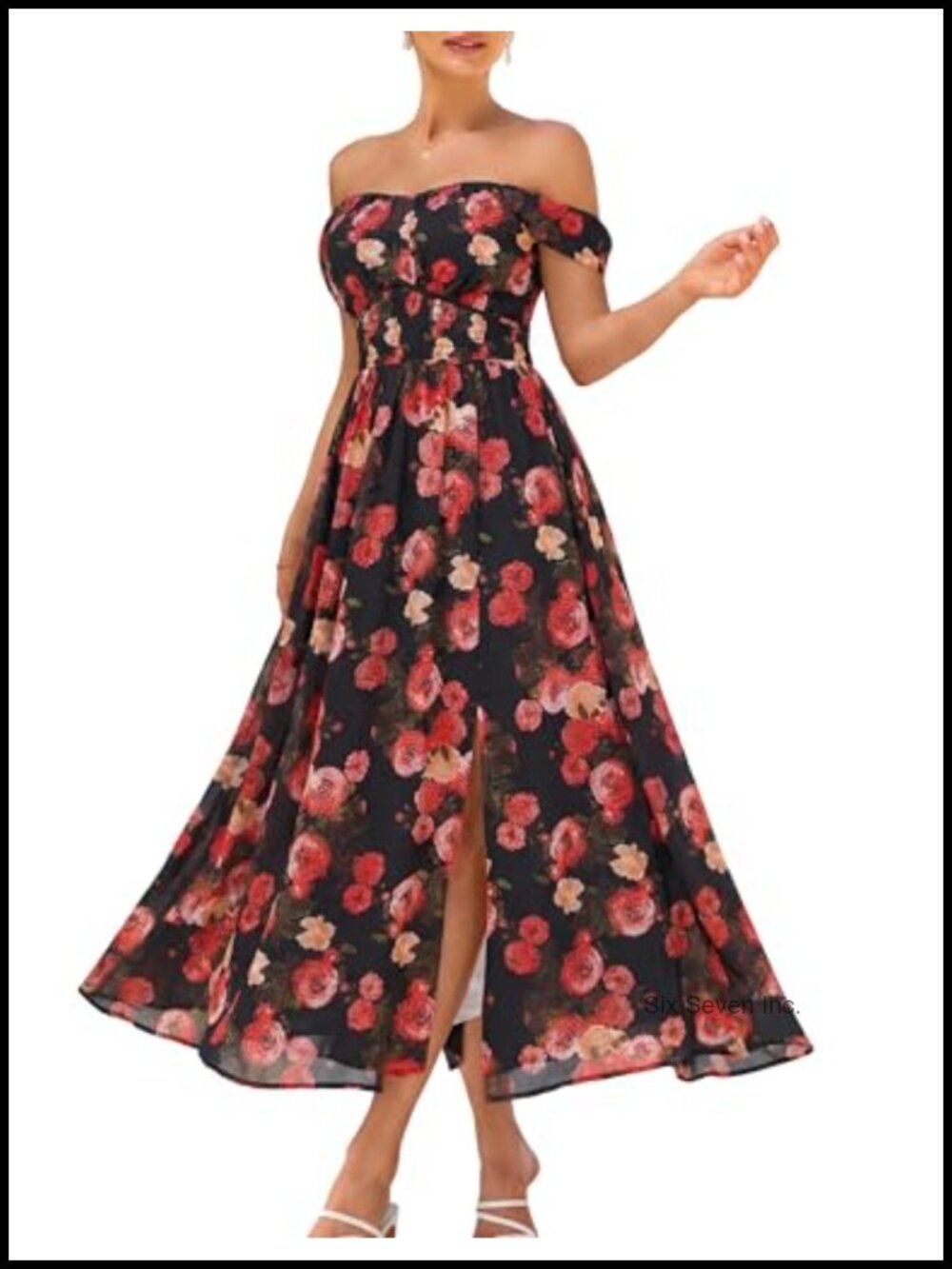 Womens Floral Maxi Dress Off Shoulder A-Line Chiffon Wedding Guest